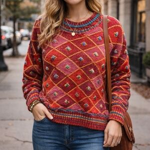 Vintage Multicolor Diamond Knit Sweater Textured Popcorn Stitch Boho Cotton Feel